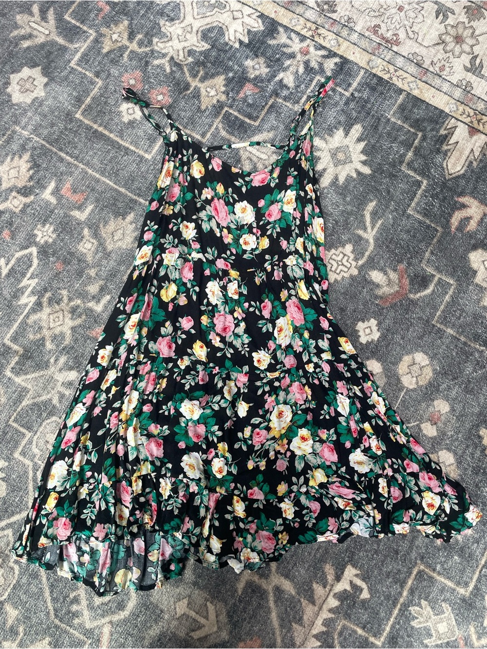 La Hearts Black Floral Slip Dress with Pink & Yellow Roses and Green Leaves